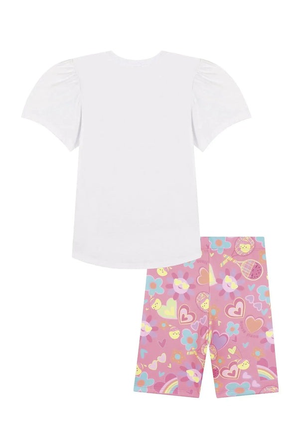 Conjunto Infantil Kukiê Verão com Shorts Ciclista Rosa e Blusa Branca Flozinha