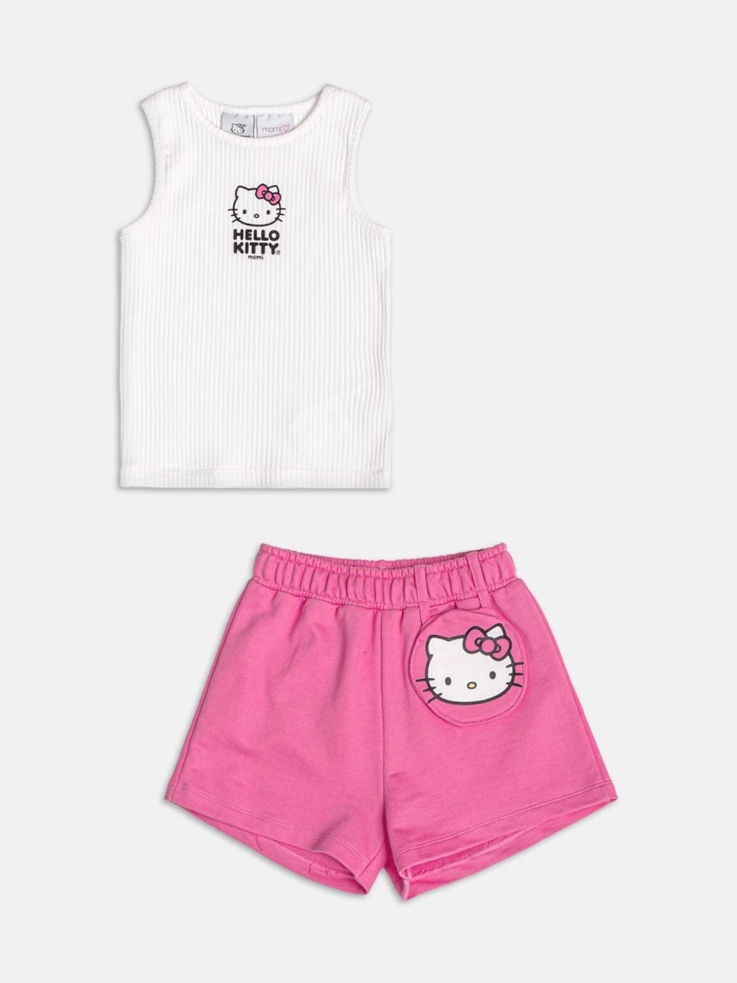 Conjunto Infantil Momi Verão Shorts com Bolsinha Rosa e Regata Branca Hello Kitty