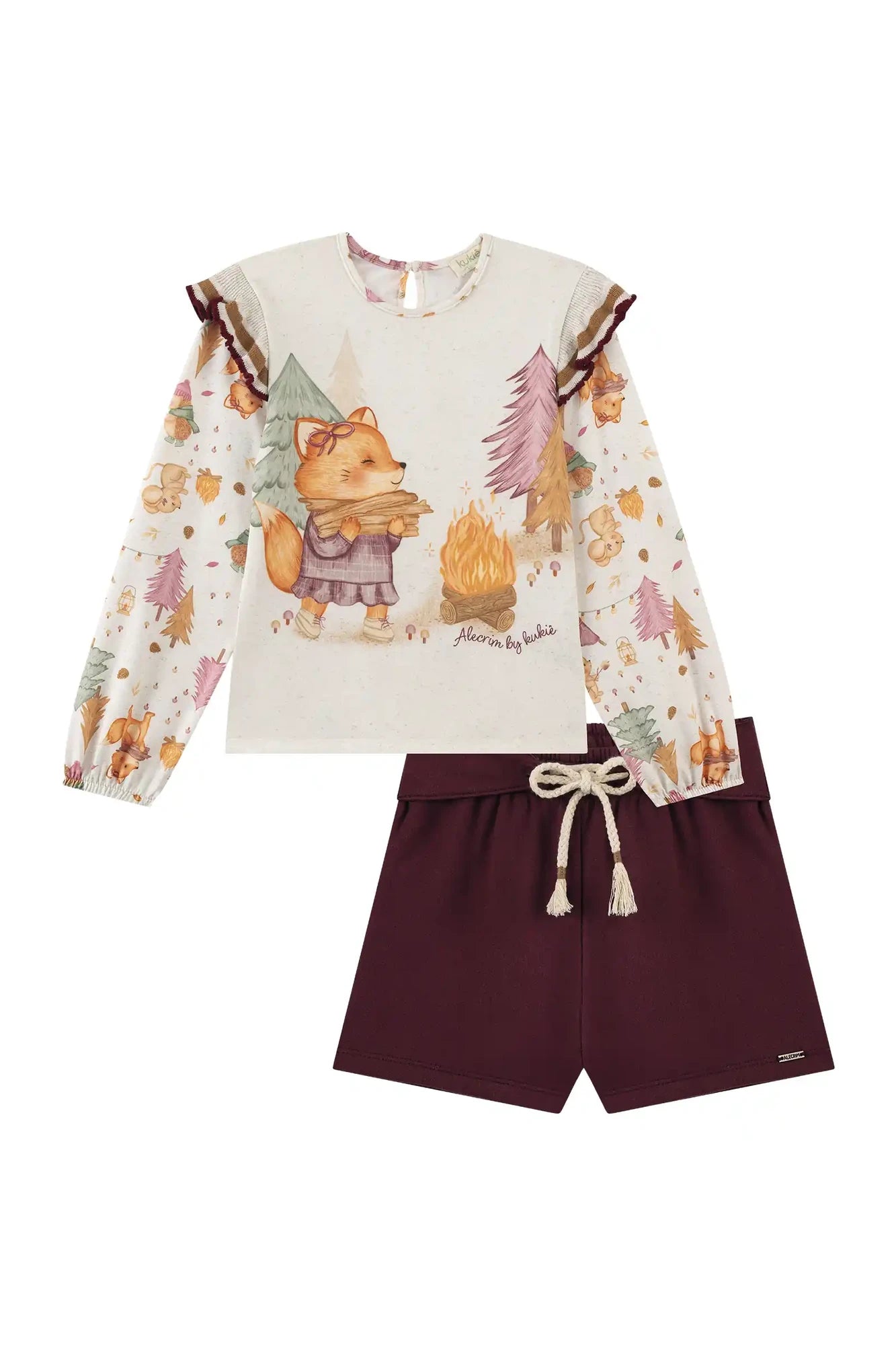 Conjunto Infantil Kukiê Inverno com Shorts Vinho e Blusa Manga Longa Raposinha na Floresta