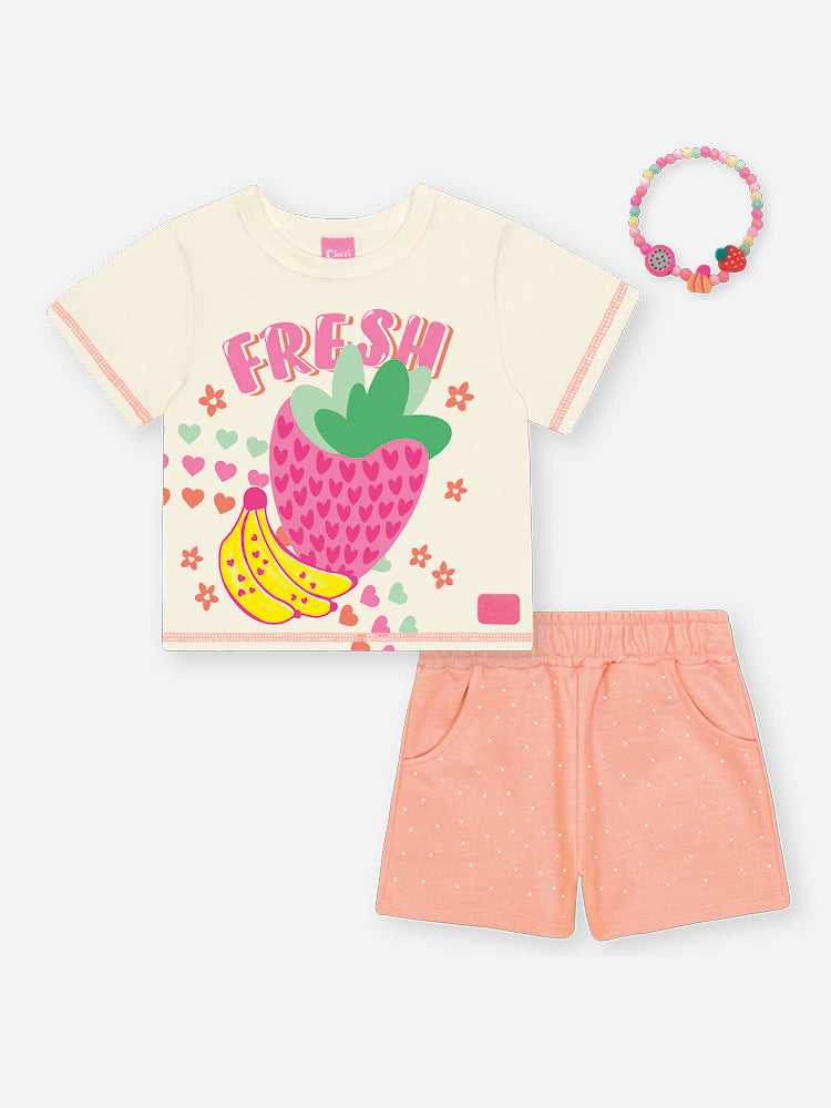 Conjunto Infantil Cinti Verão, Shorts Laranja e Blusa Branca Frutinhas com Pulseira