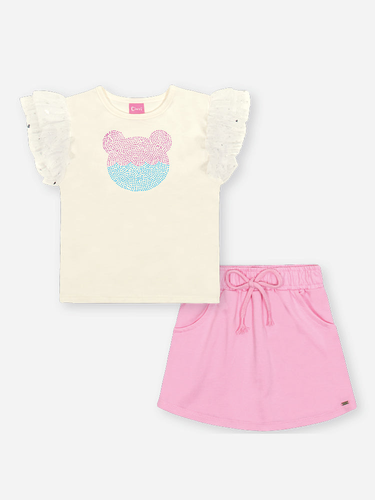 Conjunto Infantil Cinti Verão com Shorts Saia Rosa e Blusa Branca Ursinho com Strass