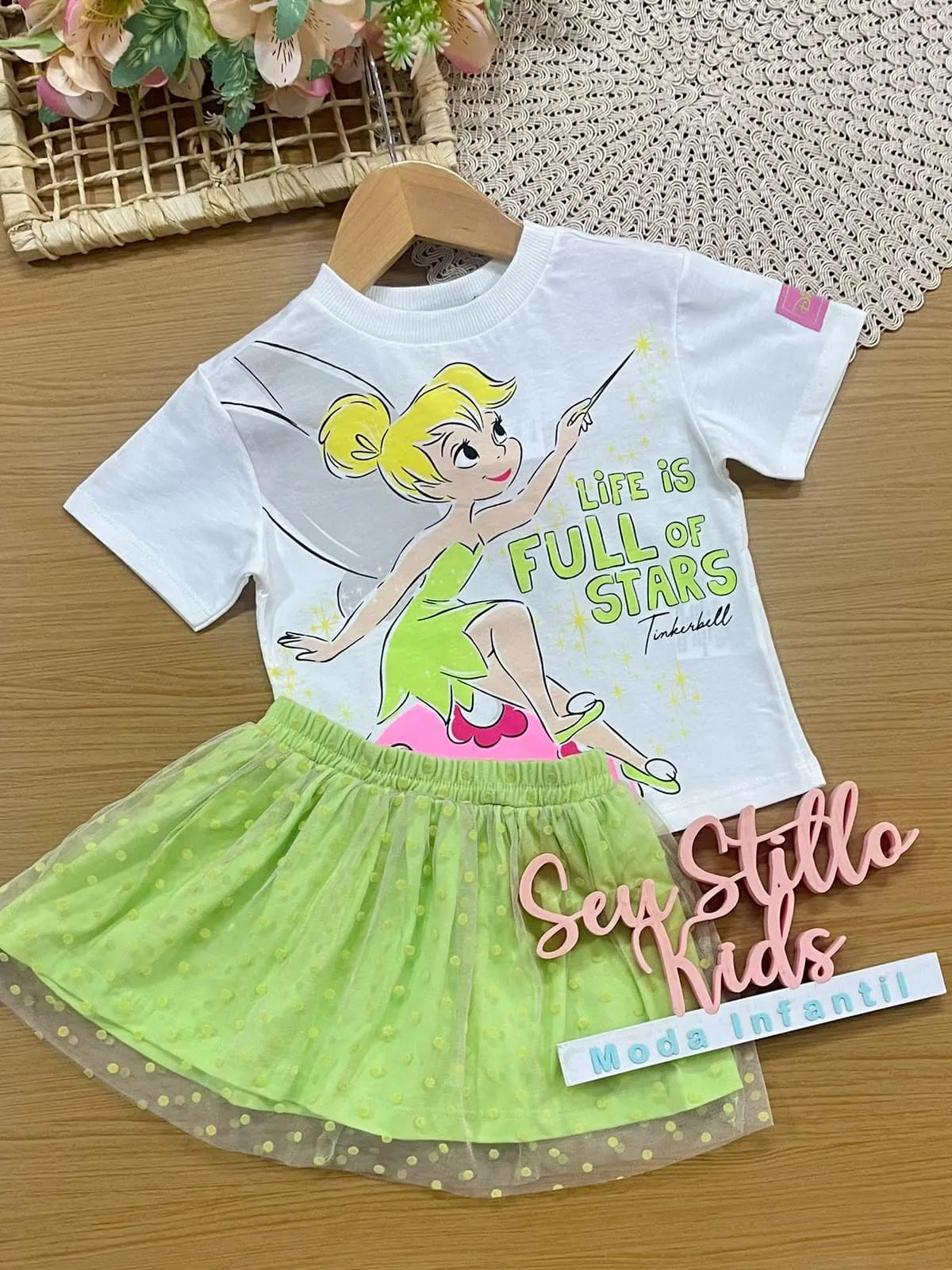 Conjunto Infantil Menina Bimbi com Saia Verde Tule e Blusa Branca Tinkerbell Disney