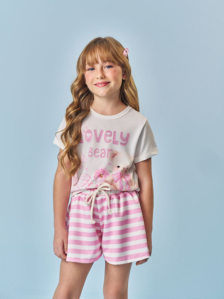 Conjunto Infantil Cinti Verão com Shorts Rosa Listrado e Blusa Branca Ursinha Lovely