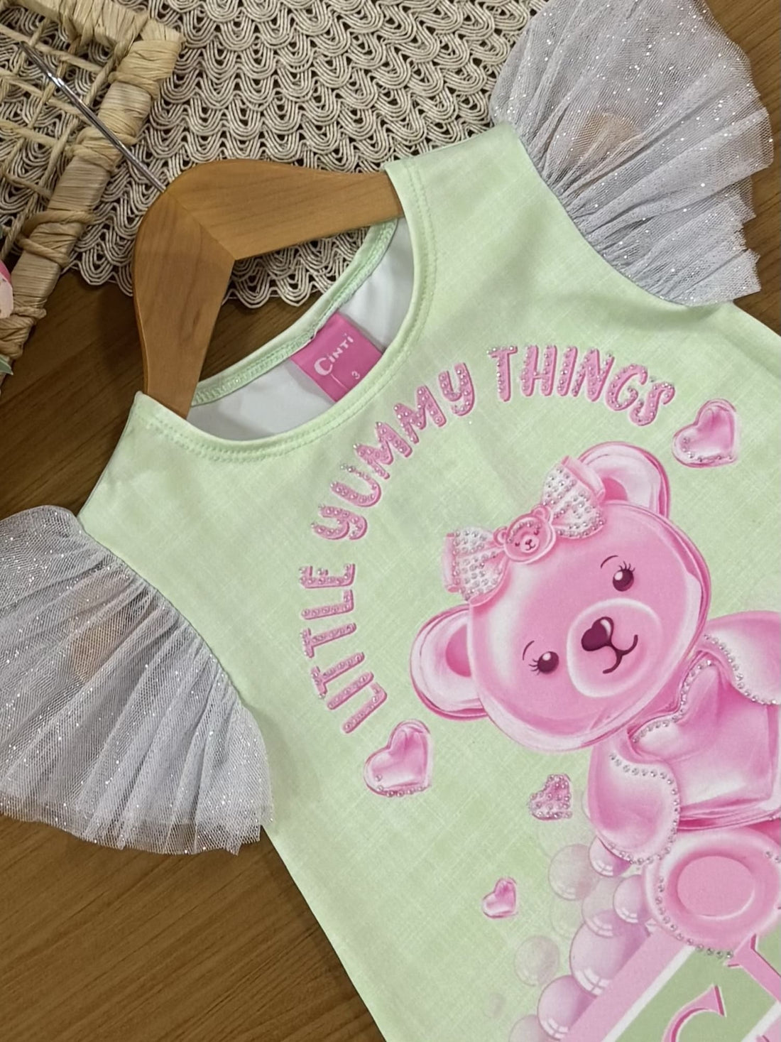 Vestido Infantil Cinti Verão Verde Ursinha Cutie com Strass