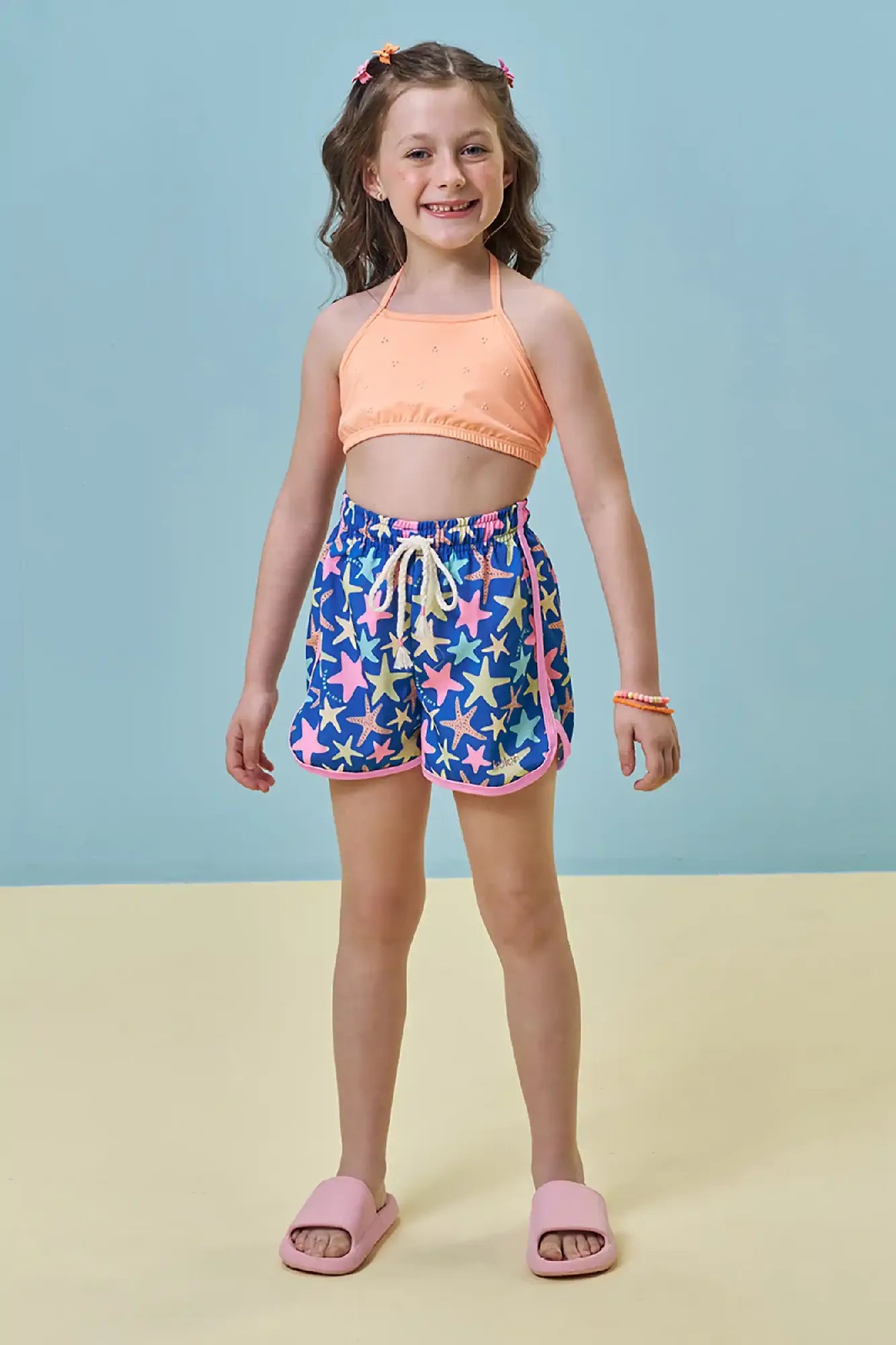 Shorts Infantil Menina Kukiê Nylon Azul Estrela do Mar