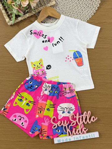 Conjunto Infantil Bimbi Verão com Shorts Rosa e Blusa Branca Gatinho Smiles
