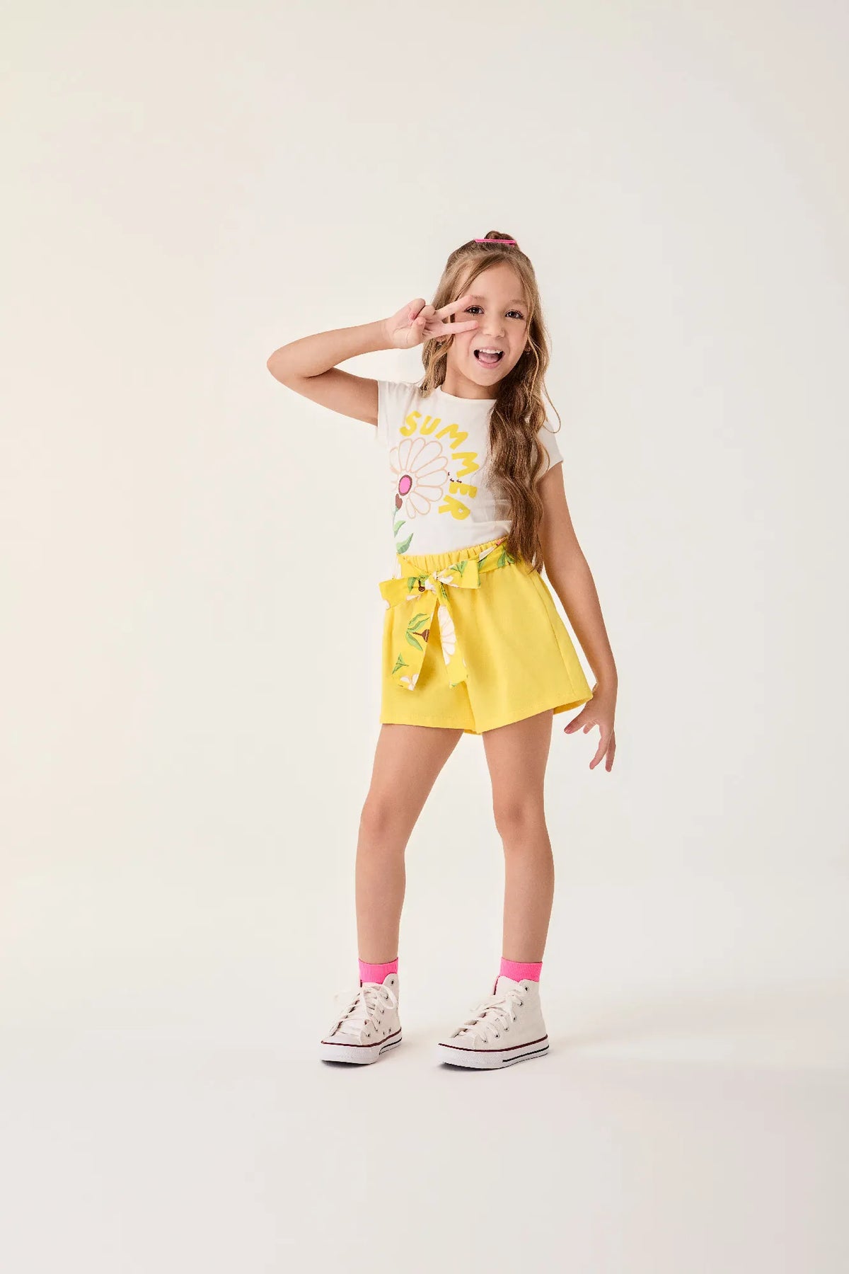 Conjunto Infantil Menina Bimbi Shorts Amarelo e Blusa Flor Summer