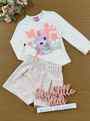 Conjunto Infantil Cinti Inverno Shorts Tweed E Blusa Unicórnio Laranja
