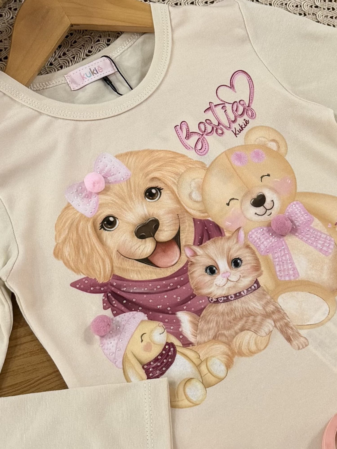 Blusa Infantil Kukiê Inverno Manga Longa Bege Animais Melhores Amigos