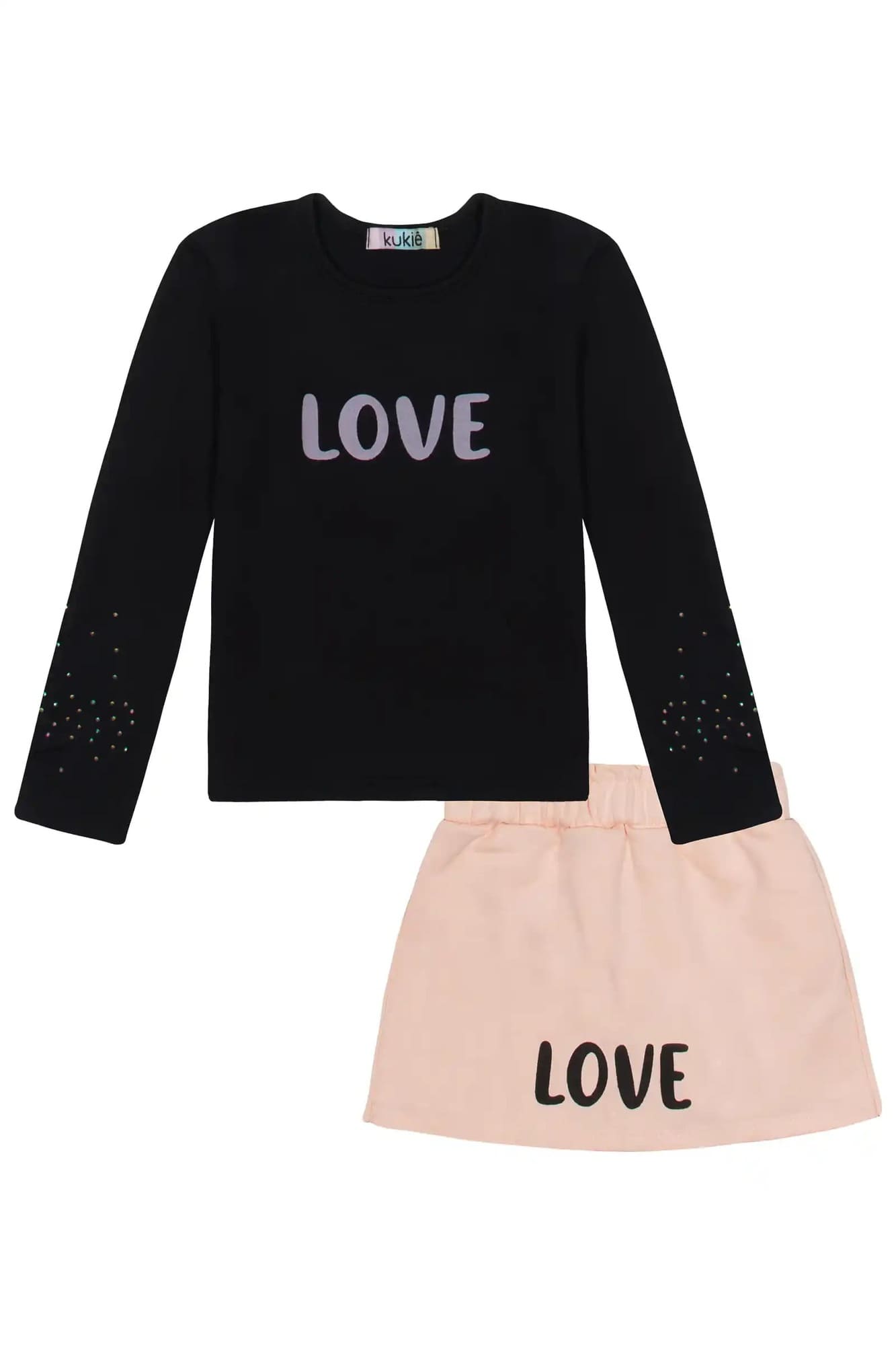 Conjunto Infantil Kukiê Inverno com Shorts Saia Rosa e Blusa Manga Longa Preta Love
