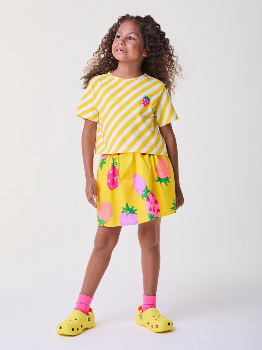 Conjunto Infantil Bimbi Verão com Saia e Blusa Amarela Listrada Moranguinho