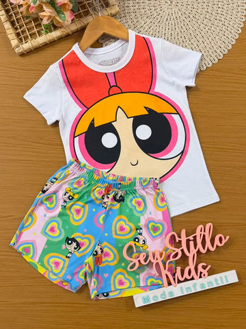 Pijama Infantil Menina Veggi com Shorts Colorido e Blusa Florzinha As Meninas Superpoderosas