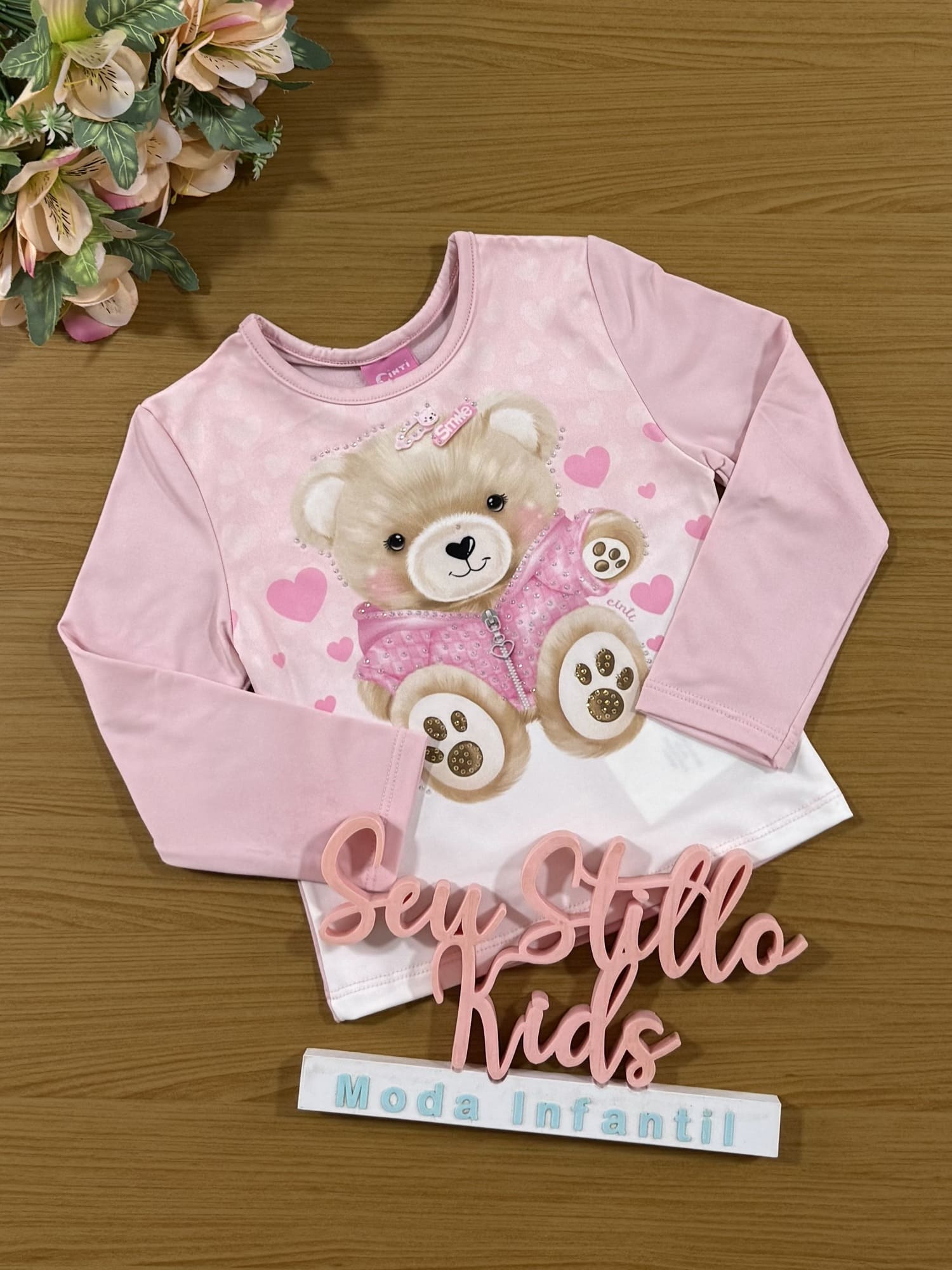 Blusa Infantil Cinti Inverno Manga longa Térmica Rosa Ursinho