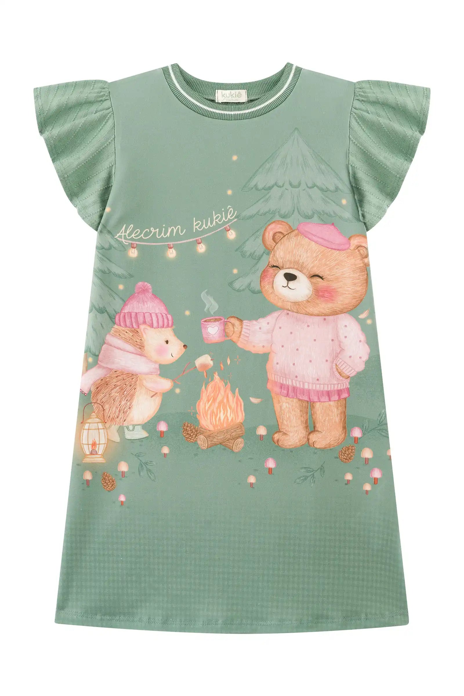 Vestido Infantil Kukiê Inverno Verde com Bolsinha Ursinha Acampamento