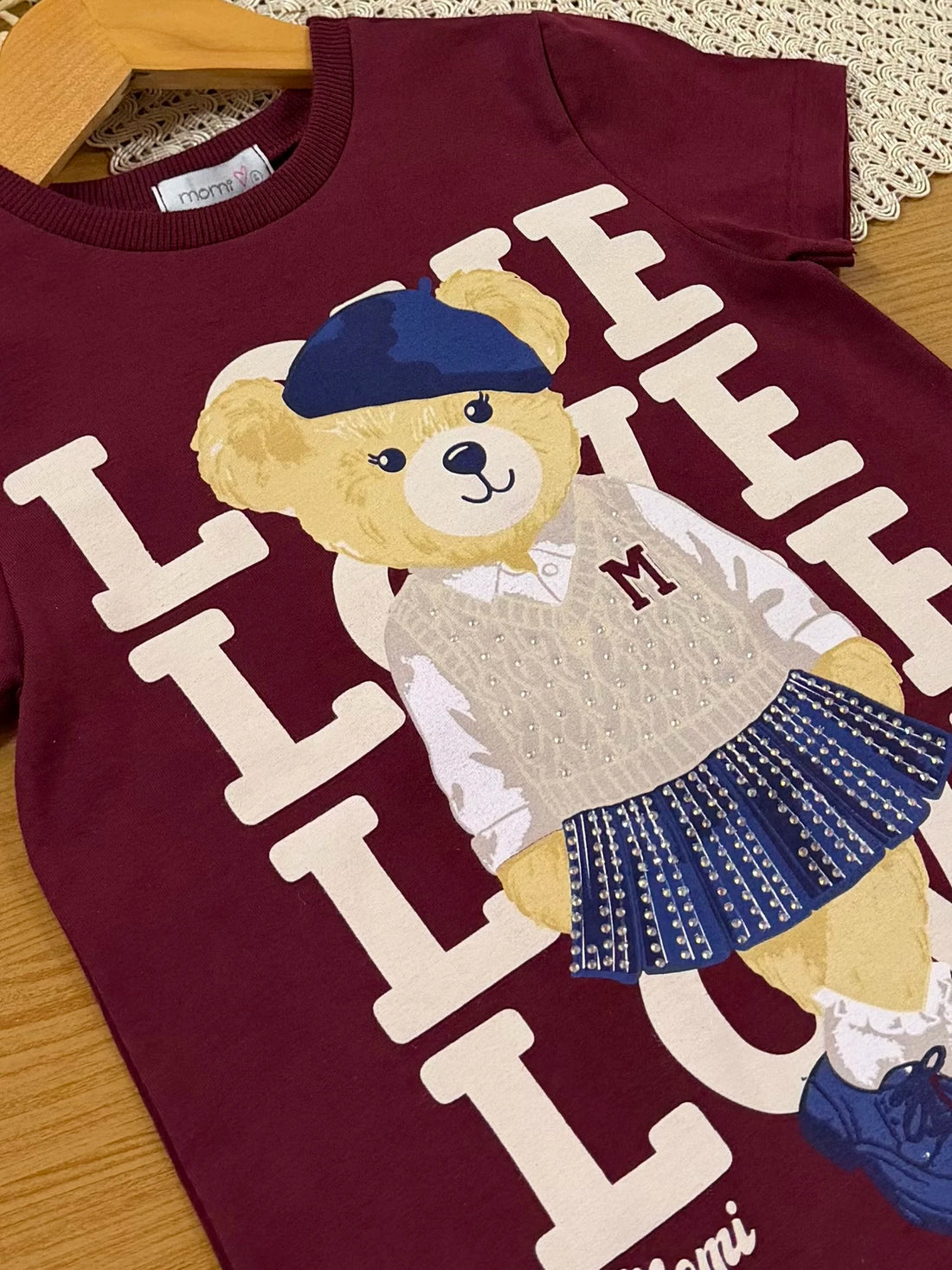 Vestido Infantil Momi Inverno Manga Curta Vinho Ursinha Love