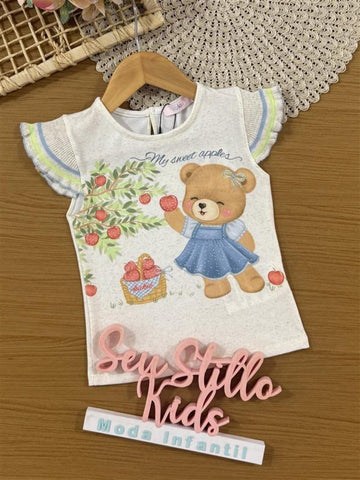 Blusa Infantil Kukiê Verão Off White Ursinha Maçã