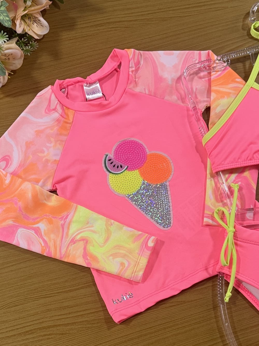 Biquíni iInfantil Kukie Verão com Blusa Manga Longa Rosa Sorvete