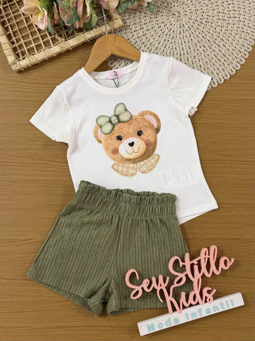 Conjunto Infantil Kukiê com Shorts Verde e Blusa Manga Curta Ursinha
