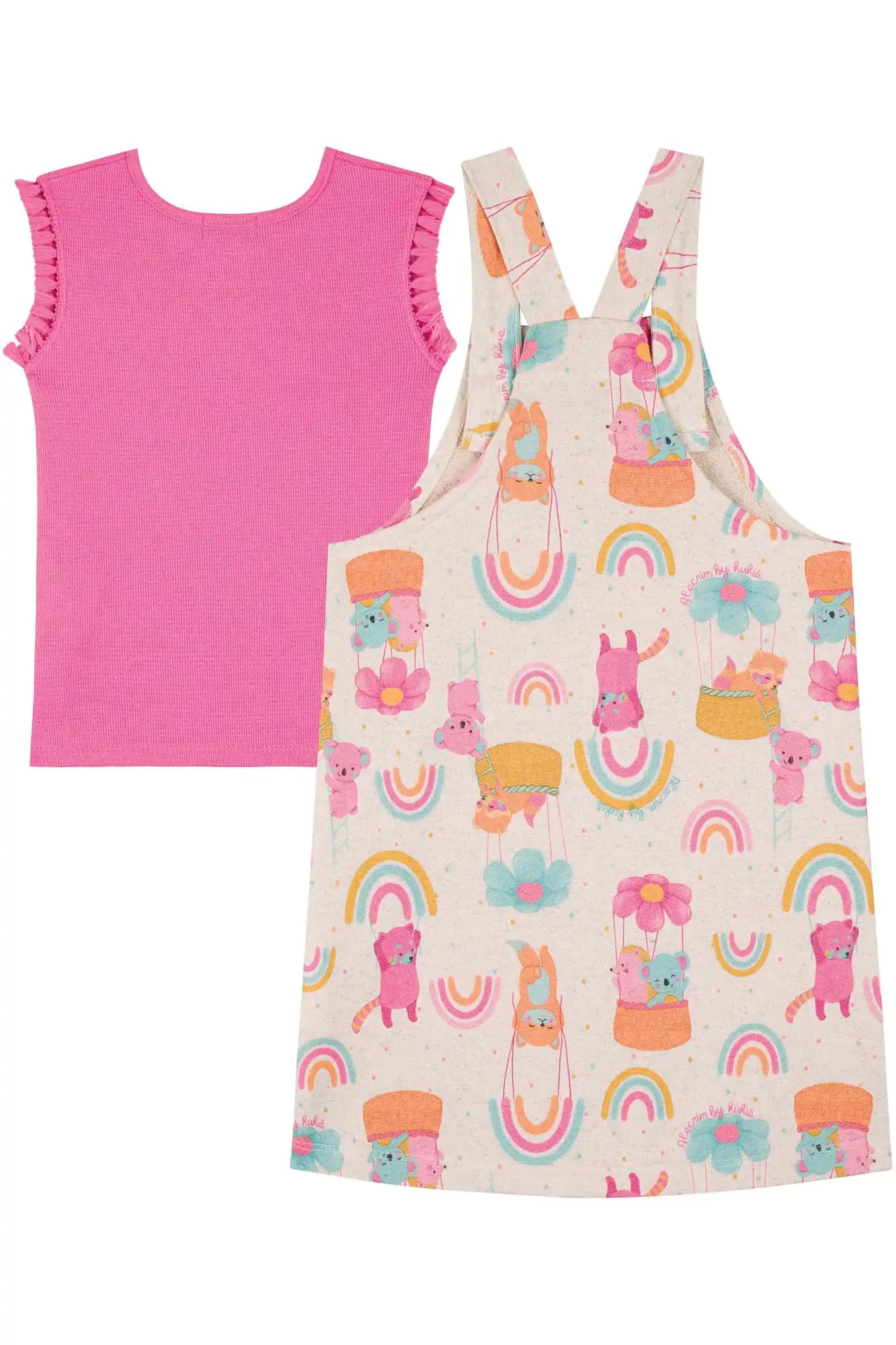 Salopete Infantil Kukiê Verão Off White Bichinhos com Blusa Rosa