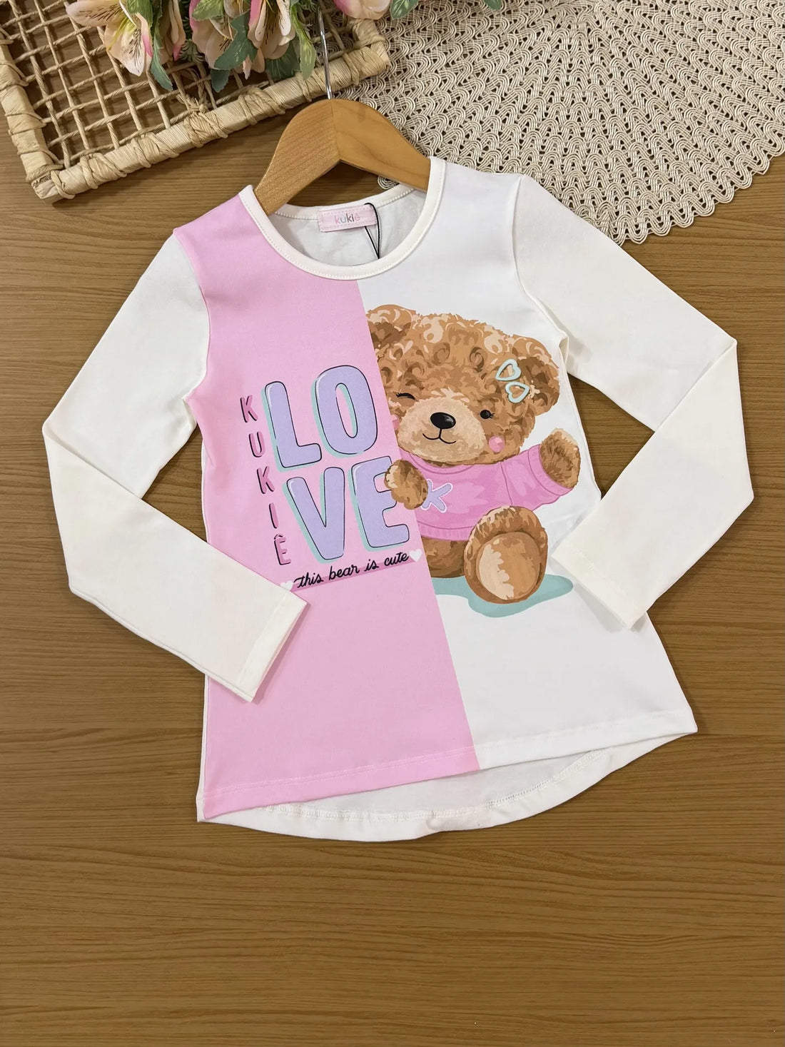 Conjunto Infantil Kukiê com Shorts Rosa e Blusa Manga Longa Ursinha