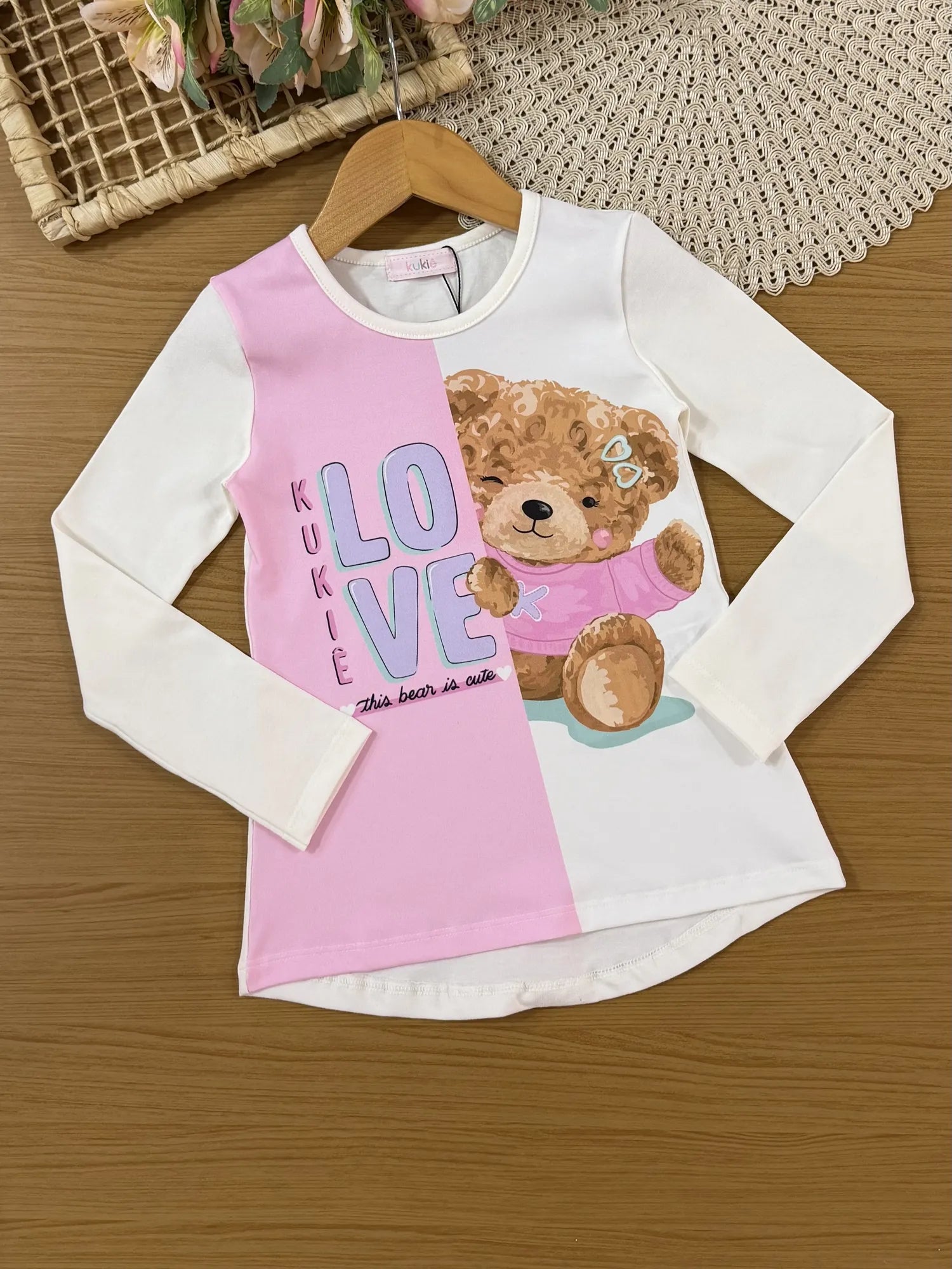 Conjunto Infantil Kukiê com Shorts Rosa e Blusa Manga Longa Ursinha