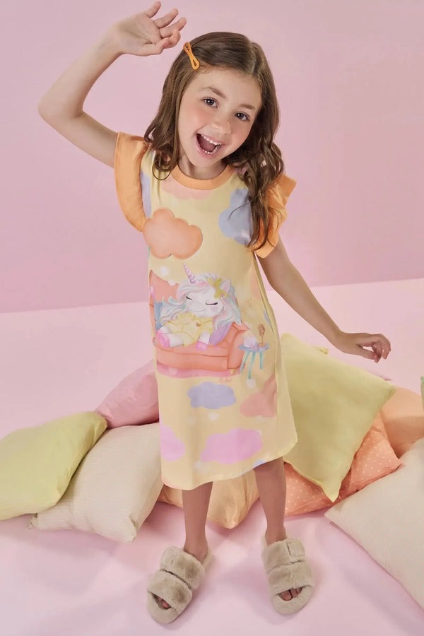 Camisola Infantil Kukiê Verão Amarela Unicórnio Hora de Dormir