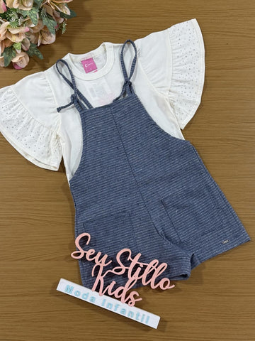 Jardineira Infantil Cinti Verão em Lurex Com Blusa Off White Brilhos