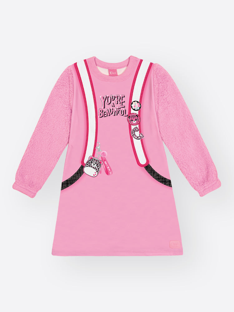 Vestido Infantil Cinti Inverno Flanelado Rosa Mochilinha