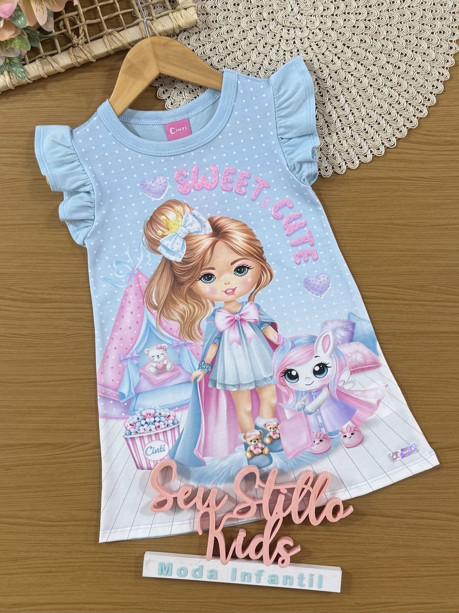 Camisola Infantil Cinti Verão Azul Menininha e Unicórnio Sweet Cute