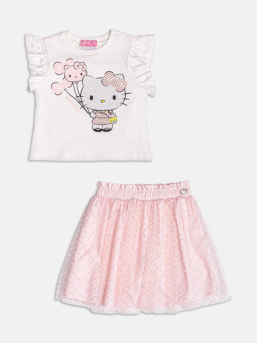 Conjunto Infantil Momi Verão, Saia Rosa e Blusa Branca Hello Kitty com Strass
