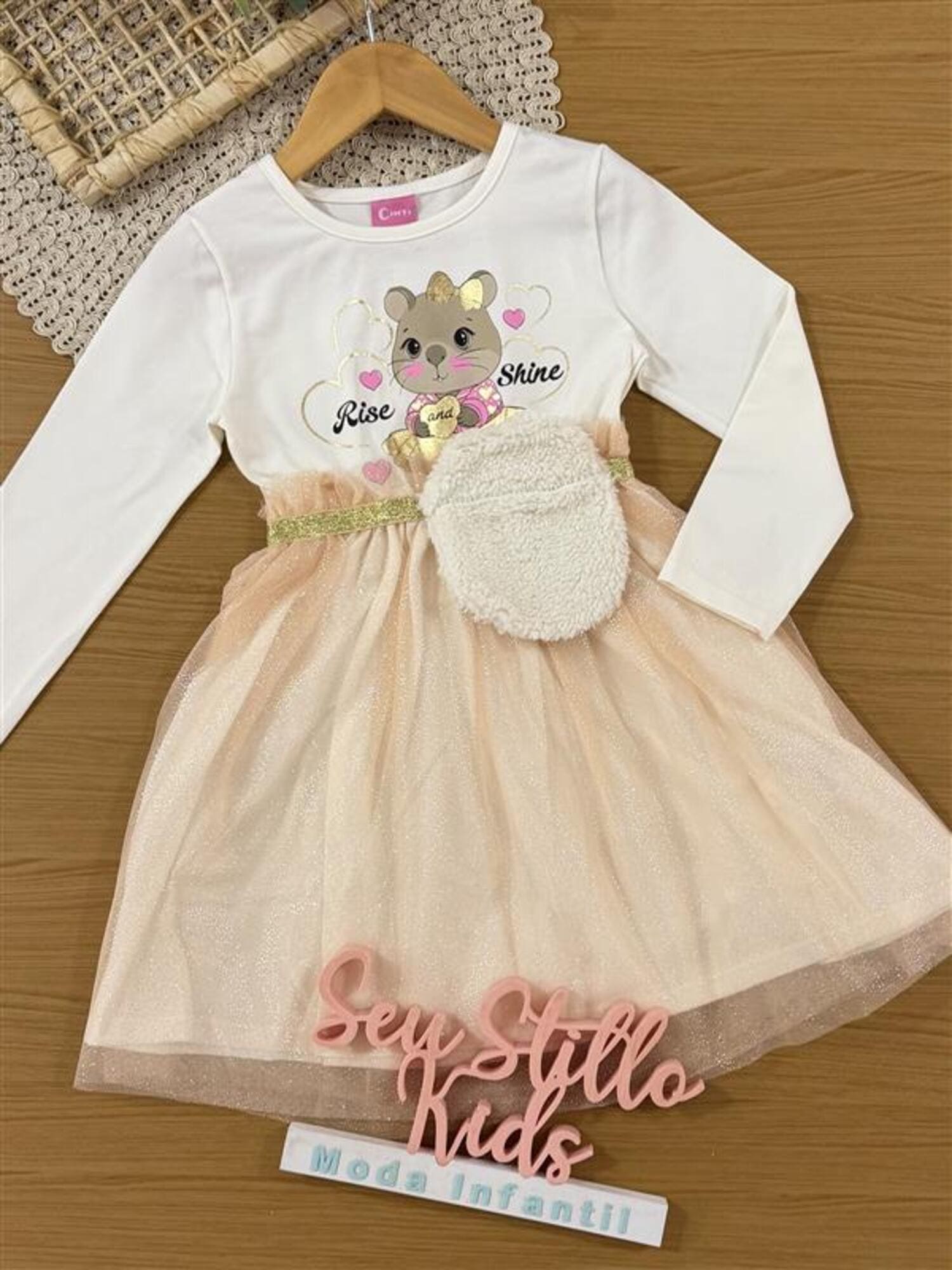 Vestido Infantil Cinti Inverno com Tule e Bolsinha Branco Capivara