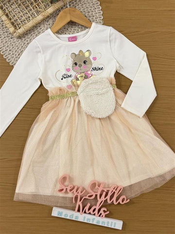 Vestido Infantil Cinti Inverno com Tule e Bolsinha Branco Capivara