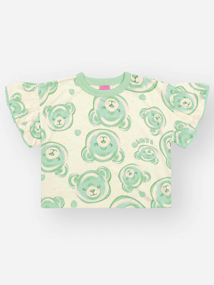 Conjunto Infantil Cinti Verão com Shorts e Blusa Verde Ursinhas