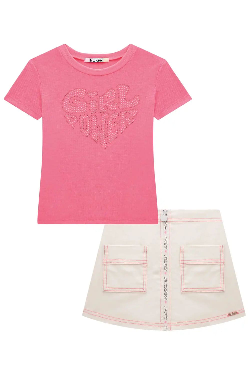 Conjunto Infantil Kukie Verão Com Saia e Blusa Rosa Girl