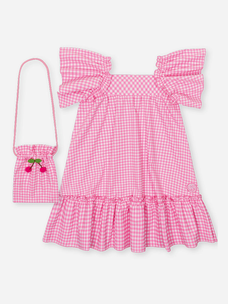 Vestido Infantil Cinti Verão Xadrez Rosa com Bolsinha