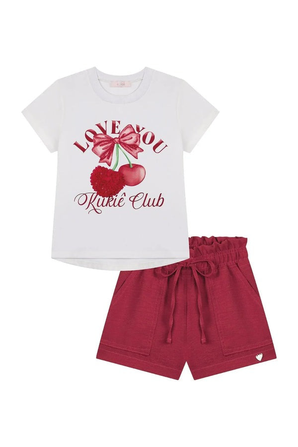 Conjunto Infantil Kukiê Verão com Shorts Vermelho e Blusa Branca Cerejinha Love