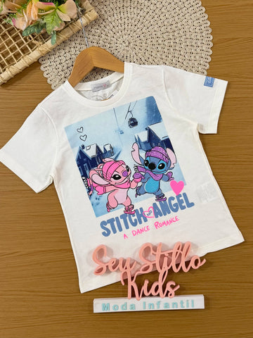 Blusa Infantil Momi Inverno Manga Curta Branca Stitch e Angel