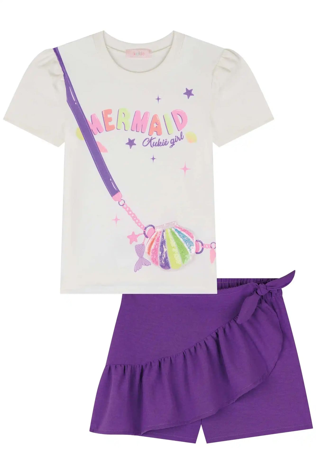 Conjunto Infantil Kukiê Verão com Short-Saia Roxo e Blusa Branca Mermaid