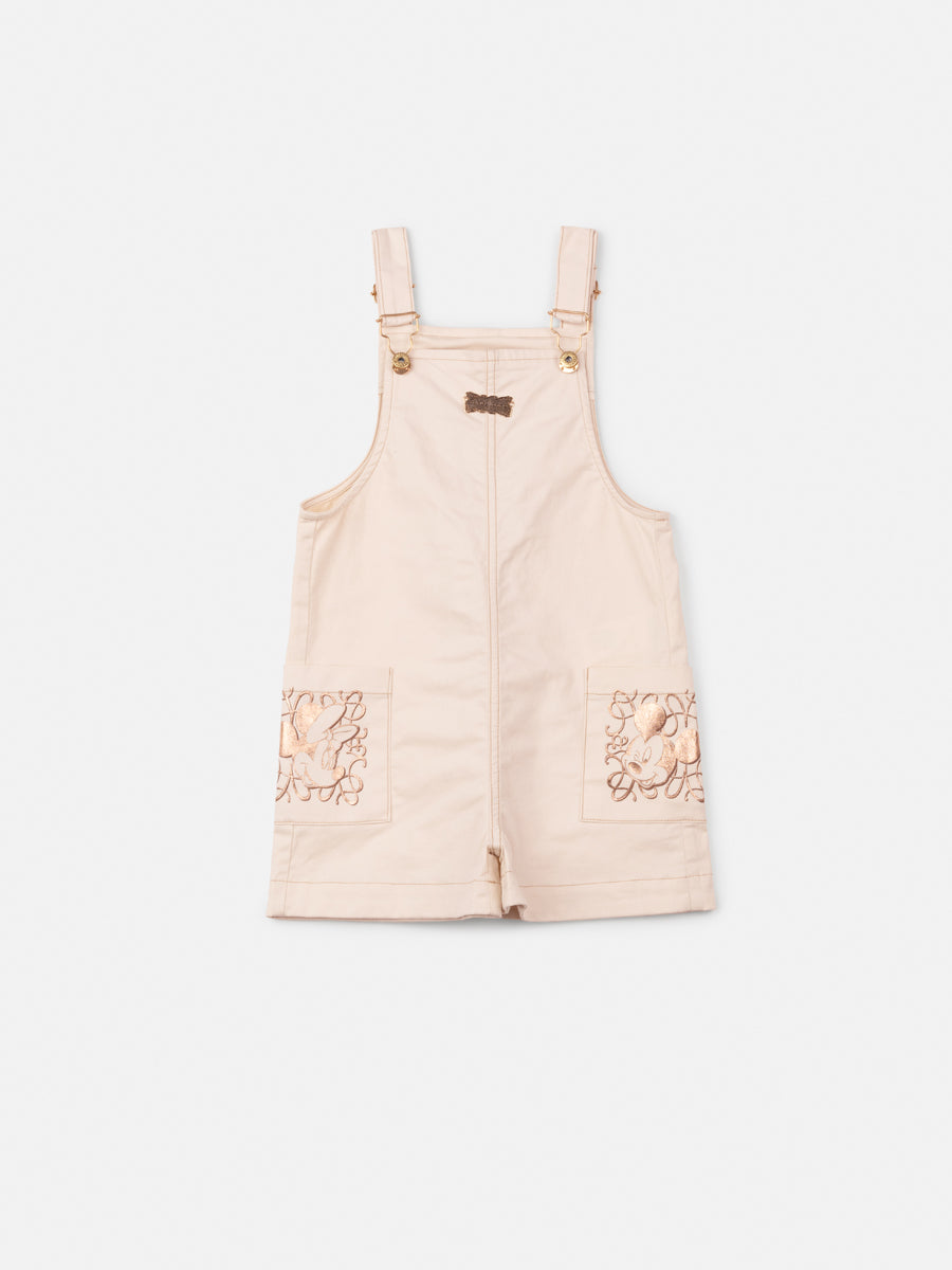 Jardineira Infantil Animê Verão Bege Com Blusa Minnie e Mickey Disney