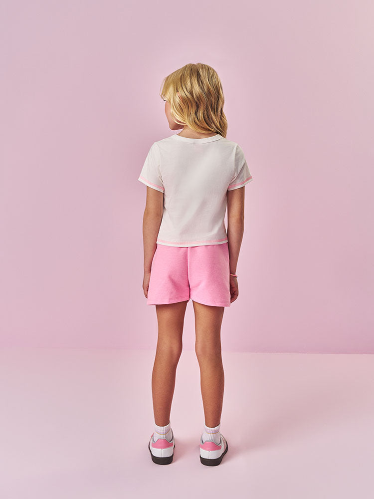 Conjunto Infantil Cinti Verão, Shorts Rosa e Blusa Branca Frutinhas com Pulseira