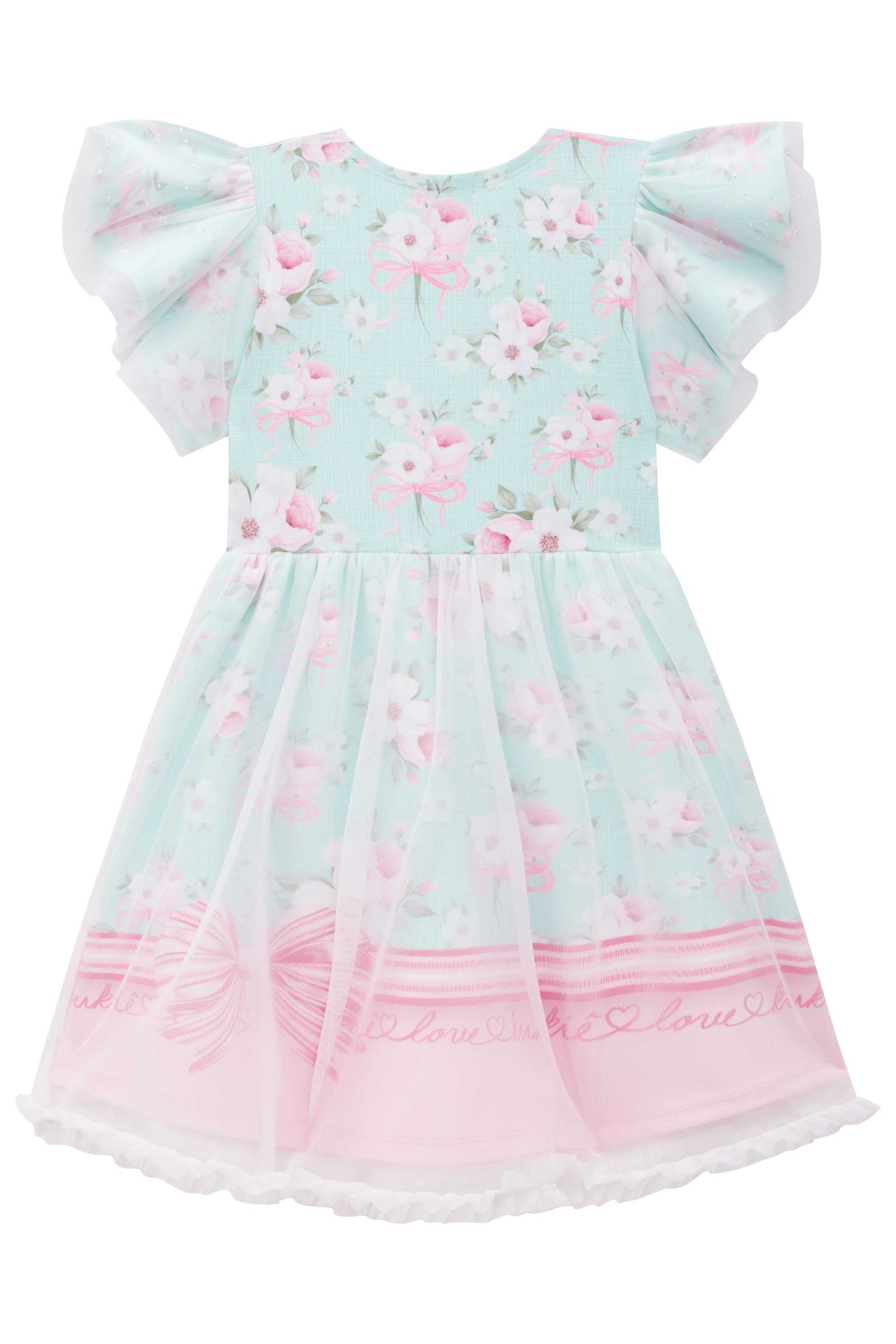 Vestido Infantil Kukie Verão Tule Verde Floral