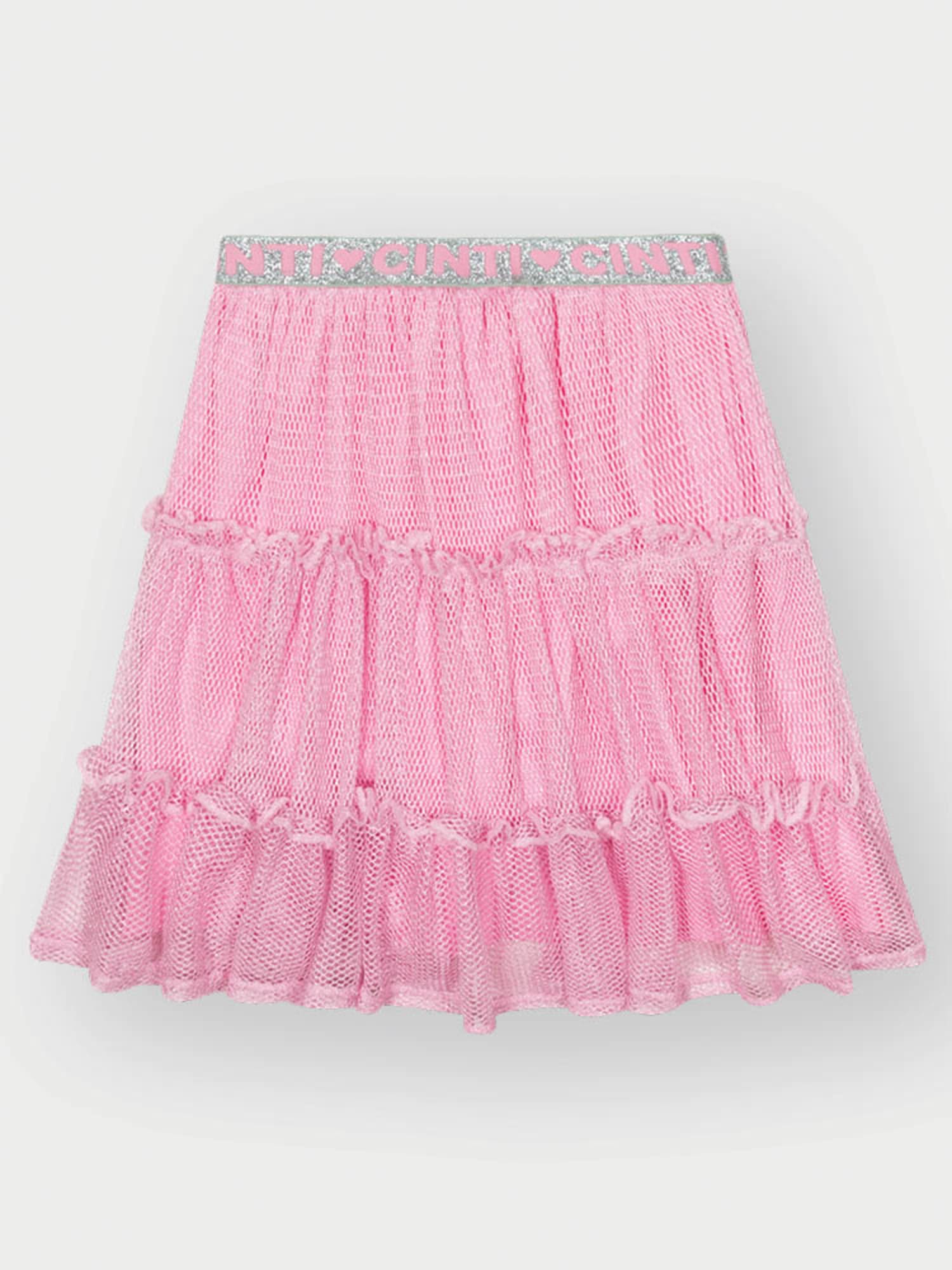 Conjunto Infantil Cinti Verão com Saia Rosa em Tela e Blusa Branca Rosquinha