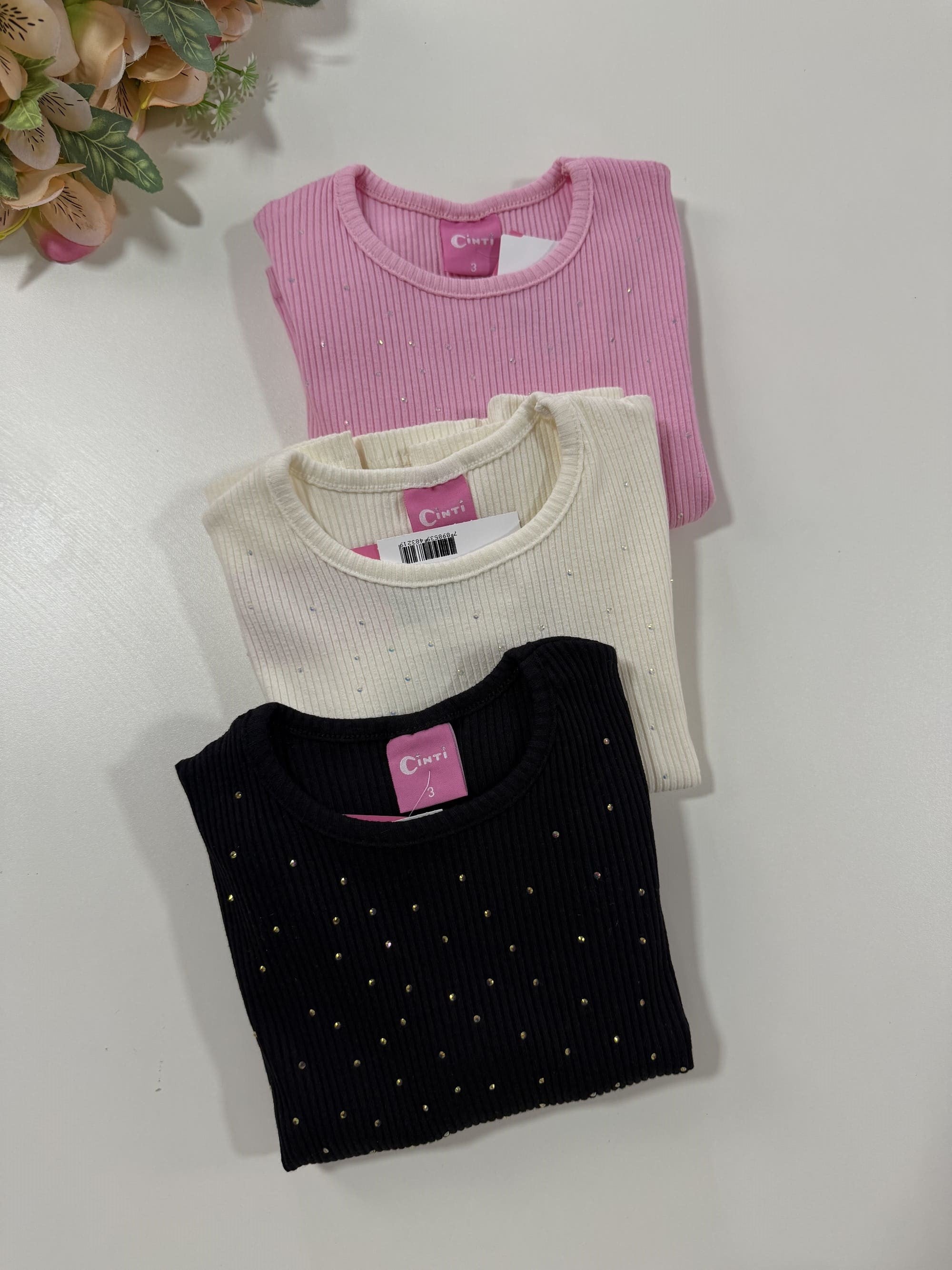 Blusa Infantil Cinti Inverno Manga longa Canelada Off White Strass