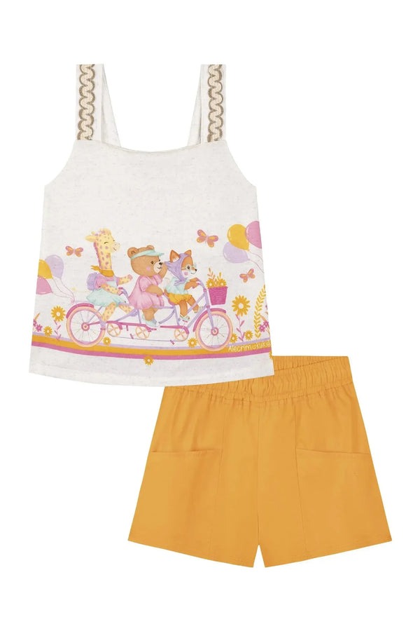 Conjunto Infantil Kukiê Verão com Shorts Laranja e Blusa Off White Bichinhos Passeio
