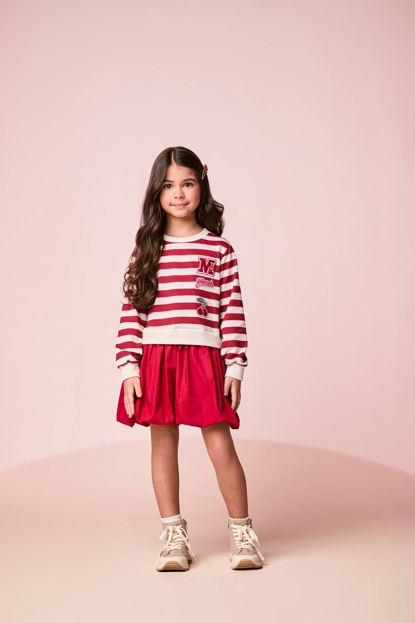 Vestido Infantil Momi Inverno Balone Vermelho Listrada Cerejinha