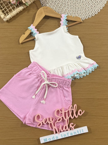 Conjunto Infantil Cinti Verão com Shorts Rosa e Cropped Branco
