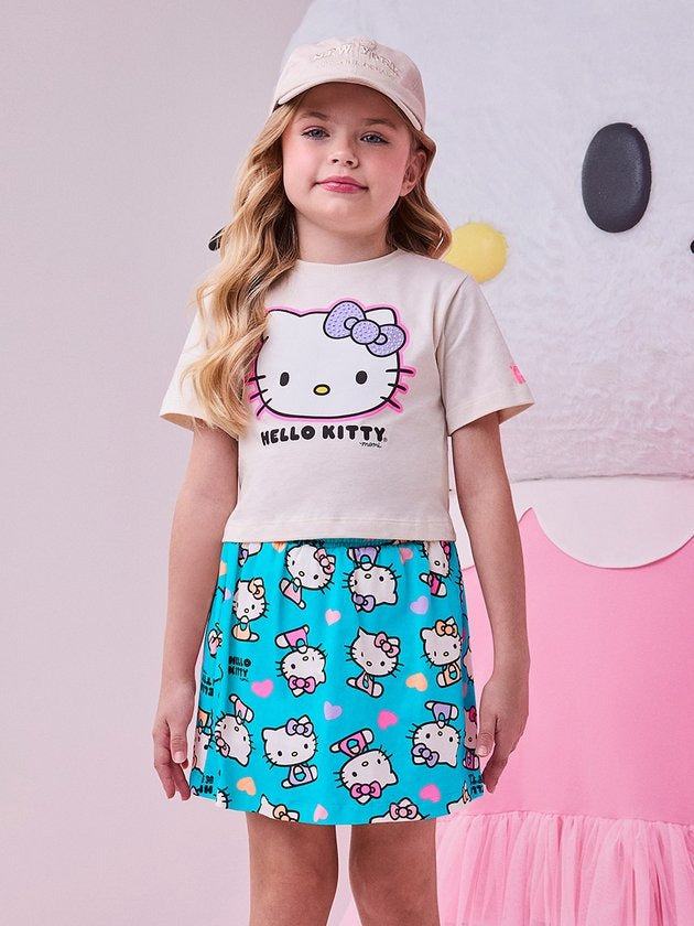 Conjunto Infantil Momi Verão Saia Azul e Blusa Off White Hello Kitty