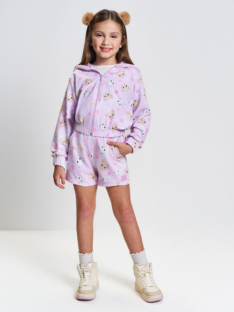 Conjunto Infantil Cinti Inverno com Shorts e Jaqueta Lilás Bichinhos Sweet