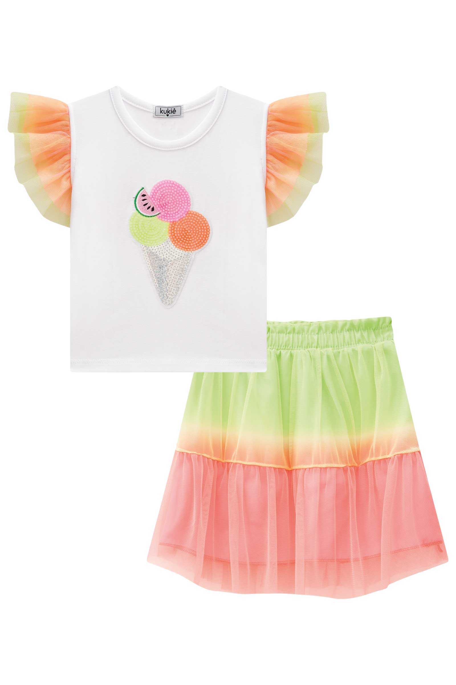 Conjunto Infantil Kukie Verão Com Saia e Blusa Sorvetinho