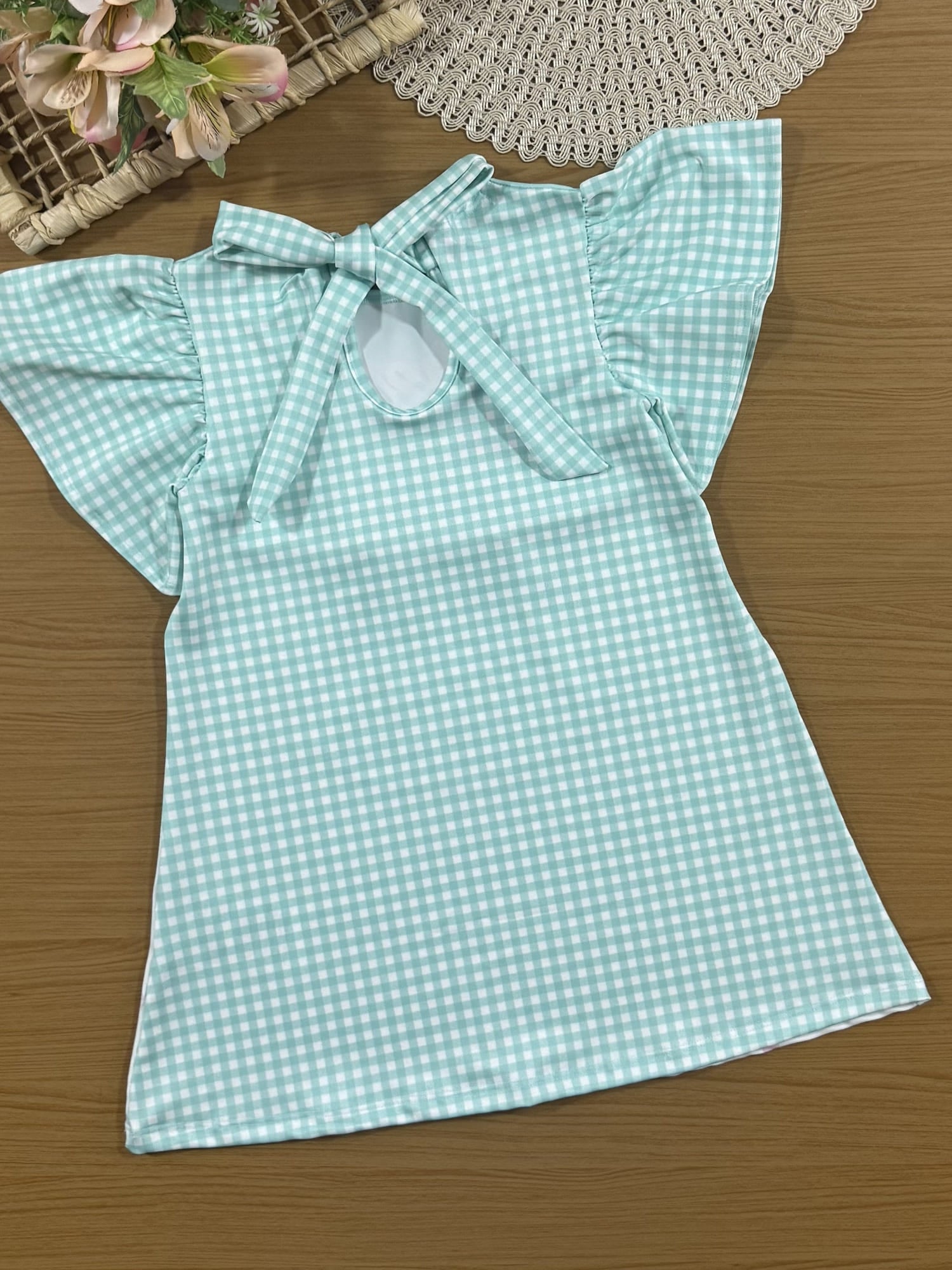 Vestido Infantil Cinti Verão Manga Curta Azul Xadrez Ursinha Floral